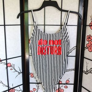 No Boundaries Black and White Striped One Piece Swimsuit 'Do Not Disturb'